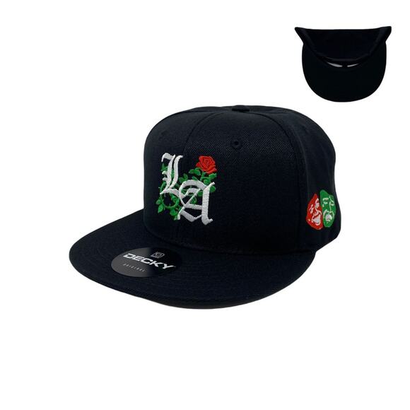 Los Angeles Laugh Now RED Cry Later GREEN Masks Snapback Hat All Black - Picture 1 of 8